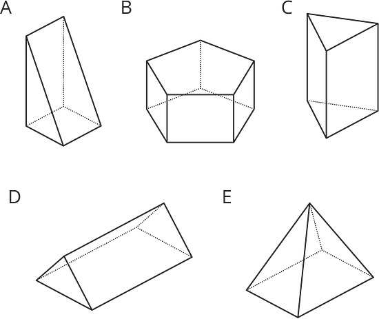 Figures A, B, C, D, and E show different types of prisms.