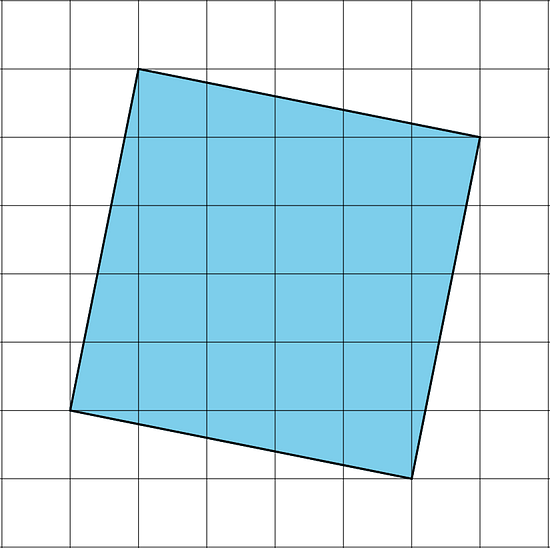 A square, not aligned to the horizontal or vertical gridlines, is on a square grid. The square is drawn such that the first vertex is on the left. The second vertex is 1 grid square down and 5 grid squares right from the first vertex. The third vertex is 5 grid squares down and 1 grid square left from the second vertex. The fourth vertex is 1 grid square up and 5 grid squares left from the third vertex. The first vertex is 5 grid squares up and 1 grid square right from the fourth vertex.