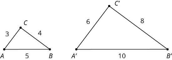 Triangle ABC has side lengths of 3, 4, and 5. A similar triangle has side lengths 6, 8, and 10.