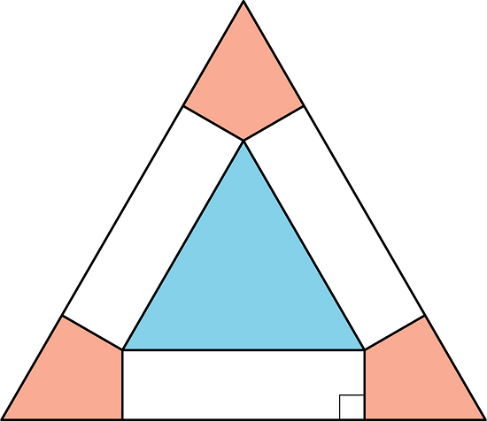 The two triangles are equilateral, and the three pink regions are identical. The blue equilateral triangle has the same area as the three pink regions taken together.