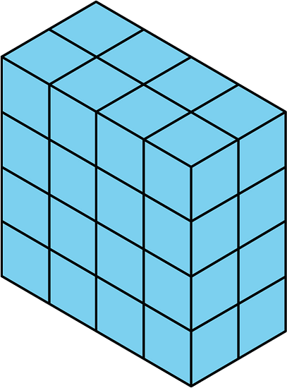 A rectangular prism is formed by blocks. The side lengths are 4, 4, and 2 units.