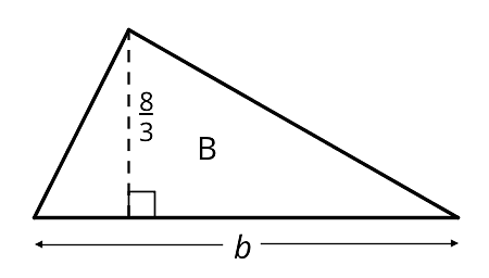A triangle labeled B has a horizontal side on the bottom of the triangle and a vertex above the horizontal side. A dashed line from the vertex to the horizontal side is drawn and a right angle symbol is indicated. The horizontal side is labeled b and the dashed line is labeled eight thirds.