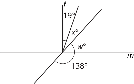 A 138 degree and angle w form a straigh angle. Angles W and X create a right angle with the 19 degree angle next to it. 