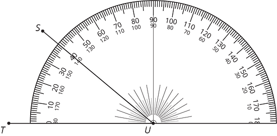 Angle TUS is measured with a protractor. it is 40 degrees.