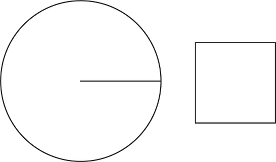 A circle with a radius line and a square