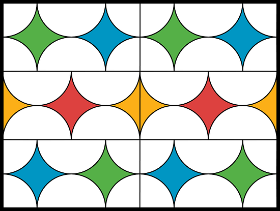 A stained glass window composed of six rectangular panels of equal size. The six panels are arranged two across and three down to form a three foot by four foot rectangle. Four panels are composed of two half circles and four quarter circles of clear glass that are tangent to each other. The two radii of the quarter circles are on both the horizontal and vertical sides of the rectangule and the diameter of the semi circles are on the horizontal side of the rectangle. The remaining regions in the panel are composed of colored glass. Two panels are composed of four half circles of clear glass that are tangent to each other. The diameters of the semi circles are on the horizontal sides of the rectangular panel and are half the length of the horizontal side. The remaining regions in the panel are composed of colored glass.