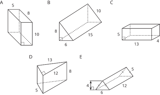 Figures A, B, C, D, and E show different rectangular and triangular prisms.