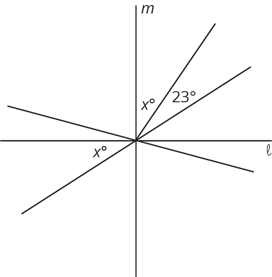 Two angles with missing values and an angle of 23 degrees.