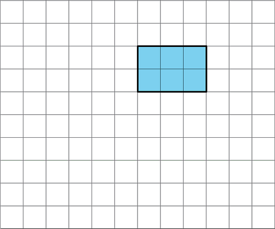 a grid with blue rectangle that is 2 units tall and 3 units wide