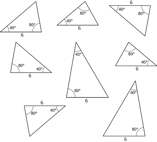 8 triangles all have two angles of 40 and 80 degrees. All of the triangles also have a side length of 6.