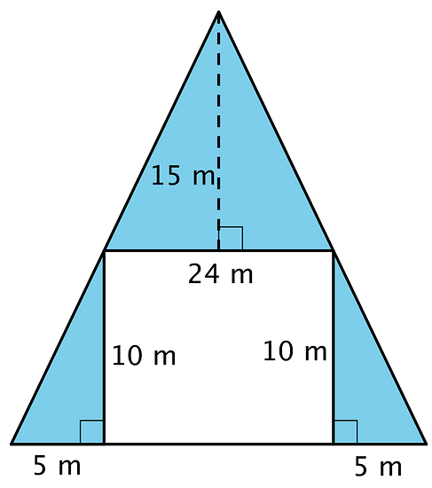 A triangle with a base of 34 meters and a height of 25 meters has a rectangle with a height 10 meters and a width of 24 meters taken out of it.