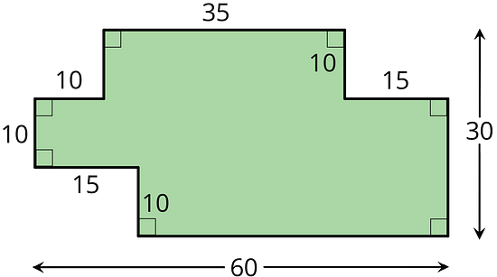 A multi-sided figure. The sides on top measure 10 units, 35 units, and 15 units. Two of the three sides on the left measure 10 units. One of the two sides on the right measures 10 units. One of the two sides on the bottom measure 15 units. The total width of the figure is 60 units, and the total height is 30 units. All angles are right angles.