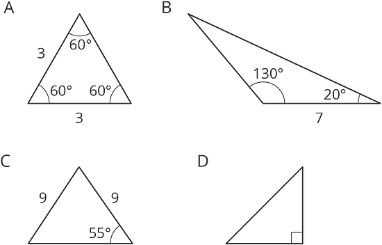 Triangles A, B, C, and D all have different angles and side lengths.