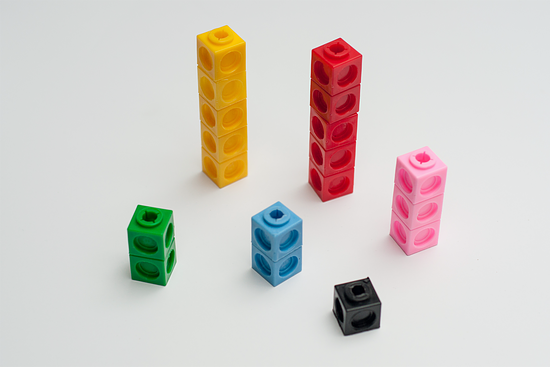 "A diagram shows a collection of snap cubes arranged by color. The collection contains 2 green, 5 yellow, 5 red, 3 pink, 2 blue, and 1 black."