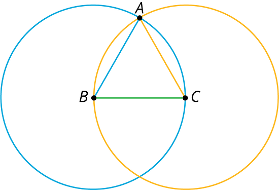 Two circles are overlapping. Where they overlap, point A of a triangle is created. Points B and C are on the opposite points of the two circles. 
