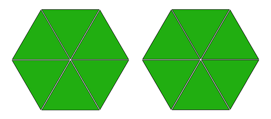 2 hexagons are divided into 6 triangles each