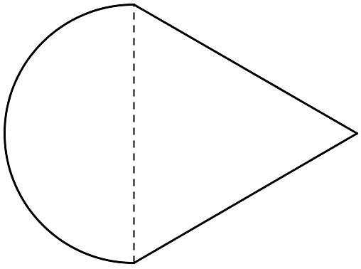 The figure shows a half circle and a triangle. The triangle is drawn adjacent and to the right of the half circle such that the dashed vertical base of the triangle is the diameter of the half circle. 