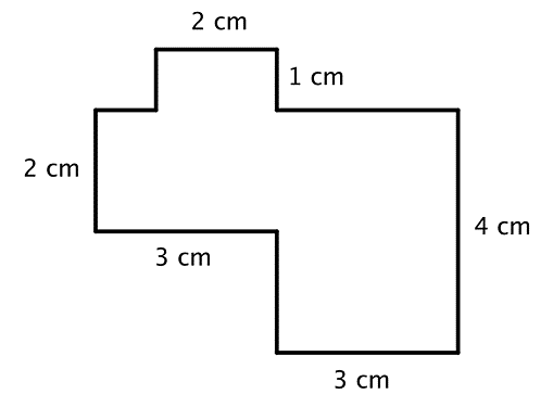 A figure with side lengths of 1, 2, 2, 3, 3, 4 centimeters.