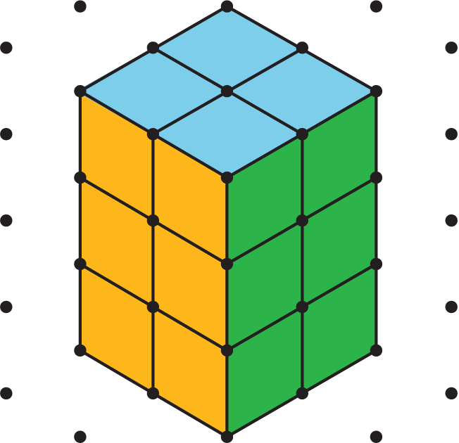 A rectangular prism built from 12 cubes colored light blue, orange, and green.