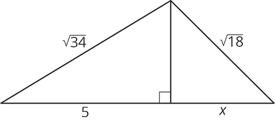 Two right triangles are shown sharing a side length. One has a hypotenuse of the square root of 34 and a length of 5. The other triangle has a hypotenuse of the square root of 18 and the side length is labeled "x."