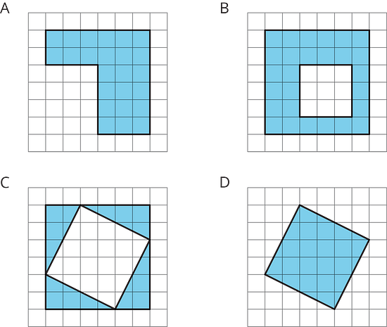 Four figures, each on a white square grid. Figure A is a green corner piece with 6 sides. Figure B a 6 by 6 green square with a 3 by 3 white square inside. Figure C a 6 by 6 green square with a tilted white square inside. Figure D is a green tilted square.
