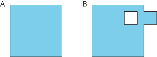 Square A, shaded. Square B identical to A, with a small shaded square removed in the middle and a small shaded square appended to its side.