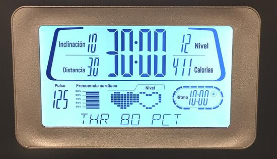 An image of Jada's treadmill display for the distance and time ran. The data on the treadmill for the run are as follows: Total Time: 30 minutes, 0 seconds. Distance, 3.0 miles. Pace, 10 minutes, 0 seconds. Calories, 411. Incline, 10. Level, 12. Pulse, 125.