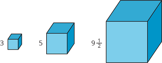 Three cubes of different sizes: first cube has side length 3, second cube side length 5, and thrid cube has side length 9 and 1/2