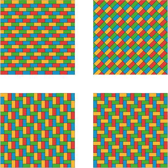This should not be a alt text description. Tactile is needed.....Four tessellations.One tessellation has groups repeating rows of two rectangles. The first row has yellow and green alternating rectangles and the second row has blue and red alternating rectangles. Another tessellation has alternating blue and red alternating rectangles slanted upward and to the right. Below the red and blue rectangles are alternating yellow and green rectangles.  A third tessellation has groups of three rectangles next to one another, sharing the long sides: the long sides are vertical. In addition to these groups of three rectangles, there are single rectangles with the long side lying horizontally. A fourth tessellation has alternating rectangles placed horizontally then vertically.