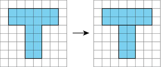 Two images of a t-shaped object. The upper portion is 2 units tall and 6 units wide. The stem of the “t” is 4 units tall and 2 units wide. The second image is the same, except there is a line separating the upper portion and lower portion into two rectangles.