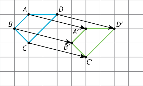 A quadrilateral A, B, C, D, and its translation to A prime, B prime, C prime, D prime.