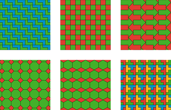 Six squares with patterns.   The first square shows green and blue L shaped polygons, stacked on top of each other to create a rectangle. The green and blue rectangles create diagonal lines.   The second square has 10 rows of red and green alternating square tiles. The first row begins with a red tile and ends with a green tile. The second row begins with a green tile and ends with a red tile. The first and second row repeat for 10 rows.  The third square has 10 rows of green and red arrows. The green arrows points to the right. The red arrows point to the left. Odd rows have green arrows. Even rows have red arrows.  The fourth square has small green tiles with small red rhombuses at the corners of each square tile. There are 25 full green square tiles and 36 red rhombuses. The small red rhombuses are smaller than the green tiles, and do not touch each other.  The fifth square has small green tiles with red parallelograms at the corners. The center of the parallelogram is aligned with the edge of the square; the left and right point of each parallelogram hits the center of the squares on either side of the edge. The vertex of each red parallelogram touches the vertex of the next red parallelogram. There are 25 full green square tiles and 36 red parallelograms.  The sixth square has 16 full small square tiles and a border of 20 partial tiles. Each tile is comprised of 4 t shaped polygons, with the bottom point of each T facing into the center. The top left corner is a sideways yellow T. The top right corner is a blue T. The bottom right corner is a sideways red T. The bottom left corner is an upside down green T. 