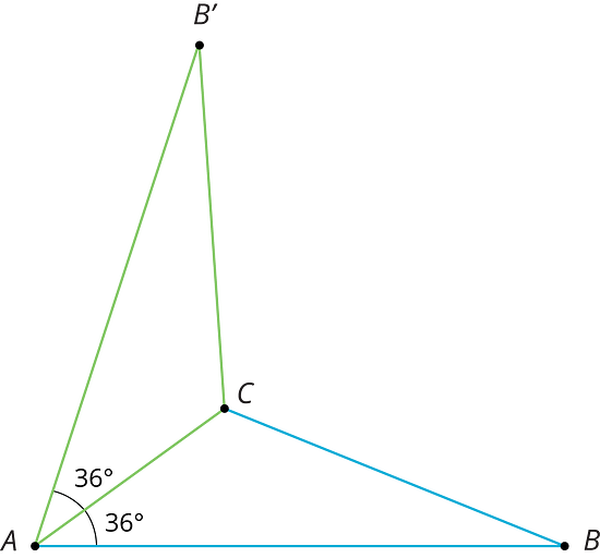 Triangle A, B, C, with angle with measure 36 degrees at A. It has been reflected on the side A, C.