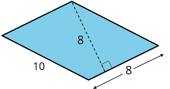A parallelogram with side lengths 10 units and 8 units. An 8-unit perpendicular segment connects one vertex of the 8 unit side to a point on the other 8 unit side.