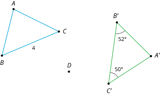 Triangle A prime, B prime, C prime is an image of triangle A, B, C after rotation around another point, D. Side B, C has length 4. Angle B prime has measure 52 degrees. Angle C prime has measure 50 degrees.