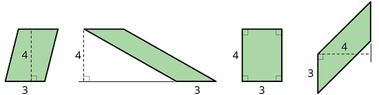 Four different parallelograms. Each parallelogram has a base labeled 3 and a height labeled 4.