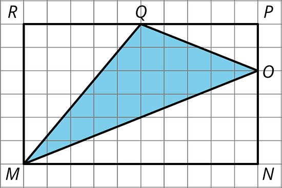 A triangle with vertices labeled M, Q, and P. Triangle MQP is enclosed in a rectangle MRPN. Sides MR and PN of the rectangle are six units high, and sides RP and MN of the rectangle are 10 units long. Vertex Q is five units across side RP, and vertex O is 2 units down on side PN.