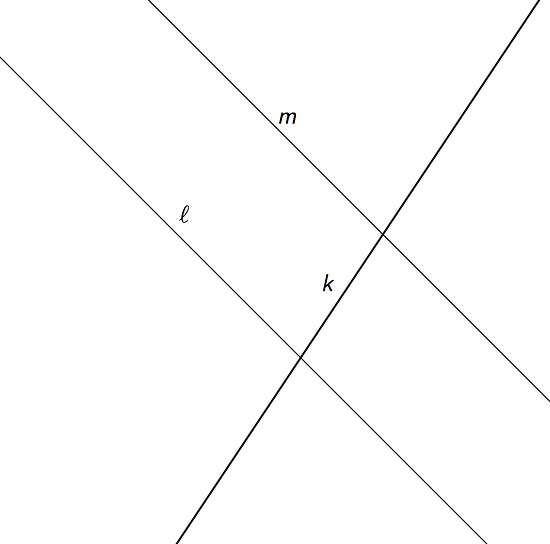 diagram shows a transversal line "k" intersecting parallel lines "m" and "l".