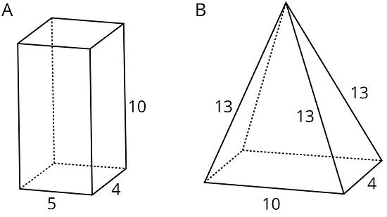 Two polyhedra labeled A and B. Polyhedron A has sides labeled 5, 4, and 10. Polyhedron B has sides labeled 4, 10, 13, 13, and 13.