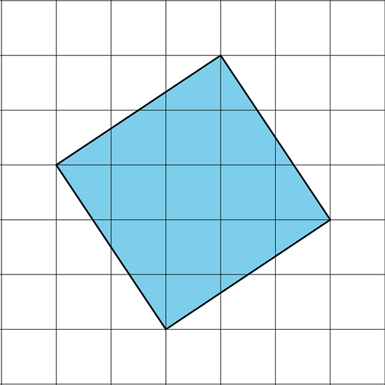 A square, not aligned to the horizontal or vertical gridlines, is on a square grid. The square is drawn such that the first vertex of the square is on the left side. The second vertex is 2 grid squares up and 3 grid squares right from the first vertex. The third vertex is 3 grid squares down and 2 grid squares right from the second vertex. The fourth vertex is 2 grid squares down and 3 grid squares left from the third vertex. The first vertex is 3 grid squares up and 2 grid squares left from the fourth vertex.