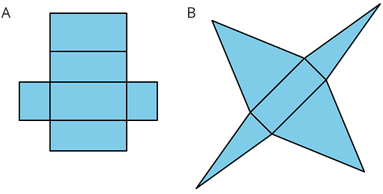 Figure A is composed of rectangles. Figure B is composed of a rectangle and 4 traingles.