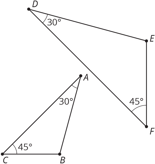 Triangles ABC and DEF both has 30 and 45 degree angles.
