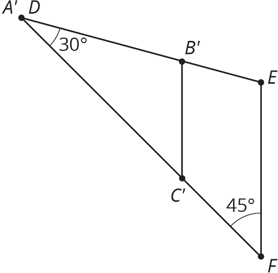 Triangle ABC is within Triangle DEF. Both have 45 and 30 degree angles.