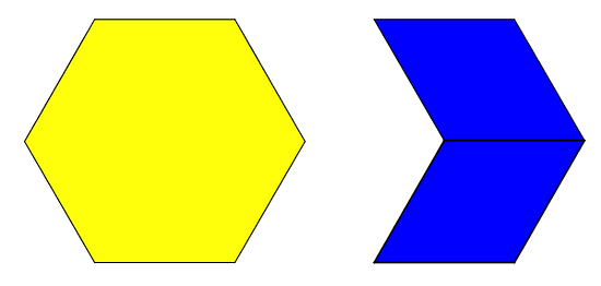 A diagram of two figures made of pattern blocks. The figure on the left is of one yellow hexagon and the figure on the right is of two blue rhombuses alinged along one vertical side.