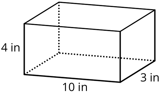 A rectangular prism that represents a box. The horizontal edge length is labeled 10 inches, the vertical edge length is labeled 4 inches, and the bottom, right edge length of the box is labeled 3 inches.