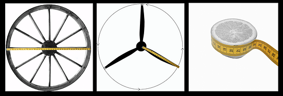 A picture of three different circular objects. The leftmost object is a wagon wheel with a measuring tool starting from one point on the wheel, goes through the wheel center to a point on the other side of the wheel. The center object is a plane propellor with three identical propellor blades. A measuring tool starts from the center of the propellor and goes to the end of the blade. The third object is of a sliced orange. A measuring tool goes around the entire circular region of the orange.