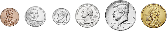 An image of 6 U.S. coins. A penny, nickel, dime, quarter, half dollar, and dollar coin are presented.