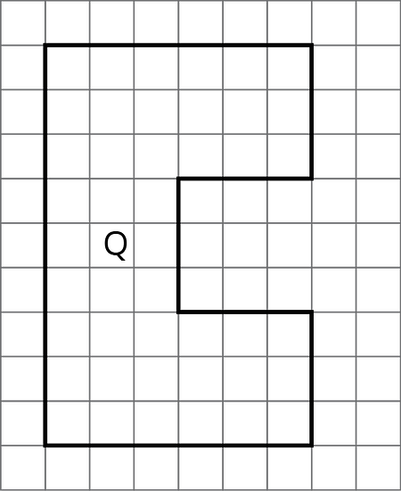 Polygon Q on a grid. Polygon Q has 8 sides. Starting at the bottom left corner, the first side is 9 units up, the second side is 6 units right, the third side is 3 units down, the fourth side is3 units left, the fifth side is 3 units down, the sixth side is 3 units right, the seventh side is 3 units down, and the eighth side is 6 units left.