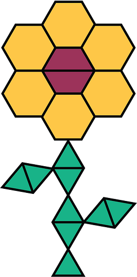 "A figure that contains hexagons, trapezoids, and triangles arranged to represent a flower. The figure contains 6 yellow hexagons, 2 red trapezoids, and 9 green triangles."