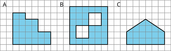 3 different figures are shown on a grid with different shaded regions.